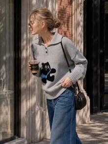 Sweater Rajut Polo Kerah Motif Kucing Kartun Musim Gugur, Pakaian Thanksgiving untuk Akhir Pekan di Kampus, Kencan Sehari-hari & Jalan-jalan Santai - Grey - View 3