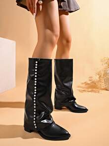 Women's Vintage Pointed Toe Chunky Heel Pearl Slip-On Knee-High Boots, Flat Sole, Fashionable Versatile Minimalist Solid Color - Black - View 2