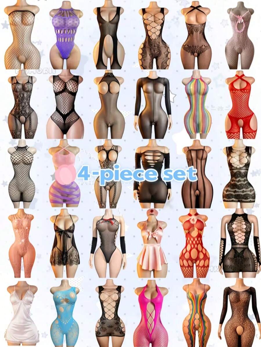 Random 4 Sets Mesh Lingerie, One-Piece Hollow Spaghetti Strap Camisole, Multiple Styles, Various Colors, Versatile Designs, Suitable For Photo Shoots And Theme Parties, One Set Satisfies Multiple Styles - Multicolor - View 1