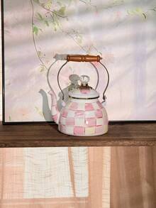 Retro Checkered Enamel Kettle With Wooden Handle & Diamond‑Shaped Lid, Multi‑Purpose Large‑Capacity Storage Jar, Heat‑Resistant Tea & Coffee Pot, Home Desktop Decor, Holiday & Birthday Gift - Pink and White Plaid - View 12