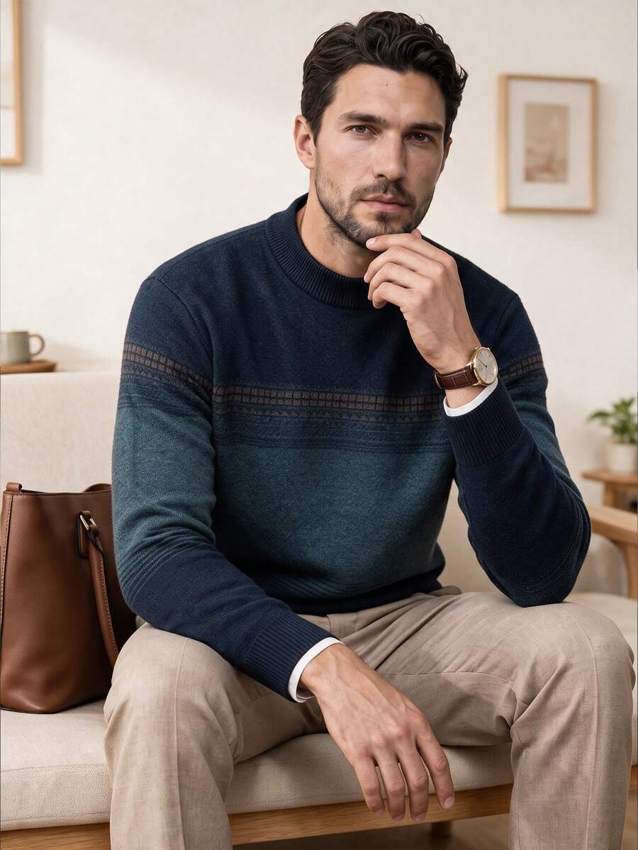 Olive Green Men's Casual Striped Crew Neck Thick Knit Sweater, Straight Loose Fit, Runs Large - Dark Green - View 1
