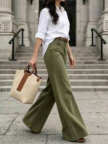 Women's Olive Green Wide Leg Denim Jeans Casual High Waist Long Pants With Pockets, Medium Stretch, Suitable For Autumn Winter Spring Outfits - Green - View 3