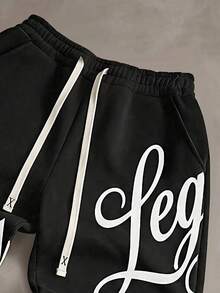 Modcrash Men's Drawstring Waist Letter Pattern Casual Daily Sports Long Pants - Black - View 6