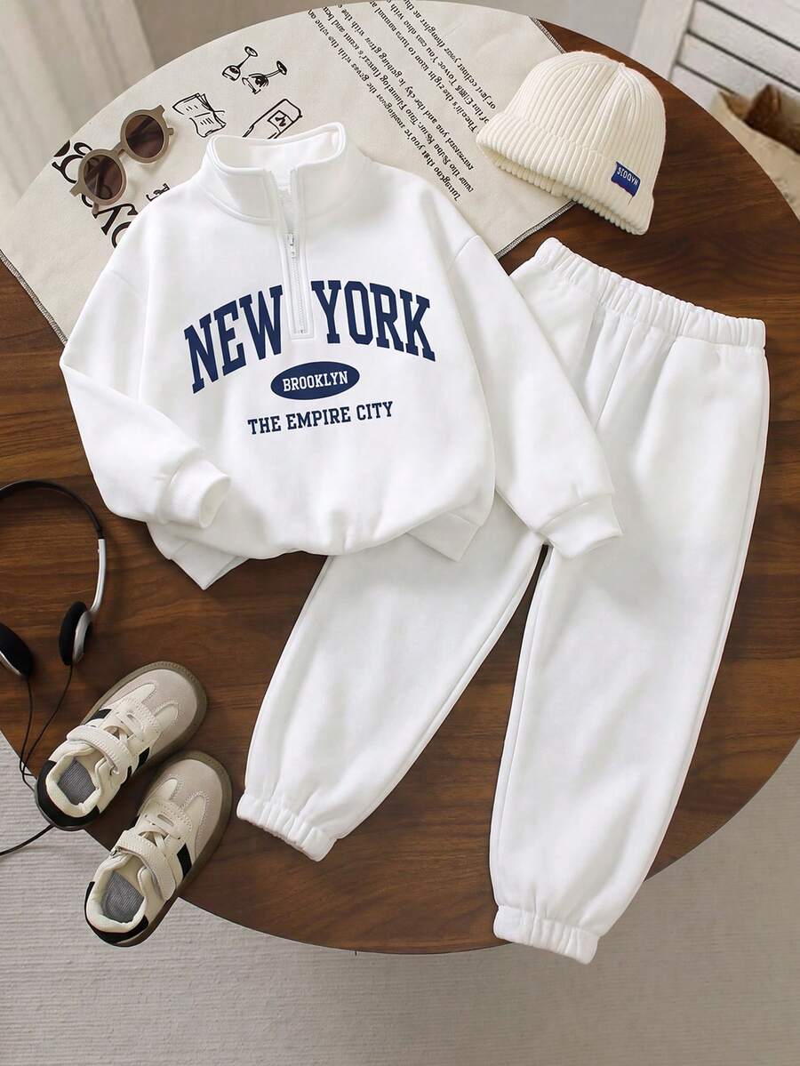 2pcs/Set Girls Toddler Autumn/Winter Sporty Half-Zip Stand Collar Sweatshirt & Jogger Pants Casual Minimalist Versatile Outfit - White - View 1