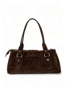 Vintage Dark Brown Suede Baguette Shoulder Bag With Metal Buckle, Underarm Crossbody Commuter Casual Handbag - Coffee - View 4