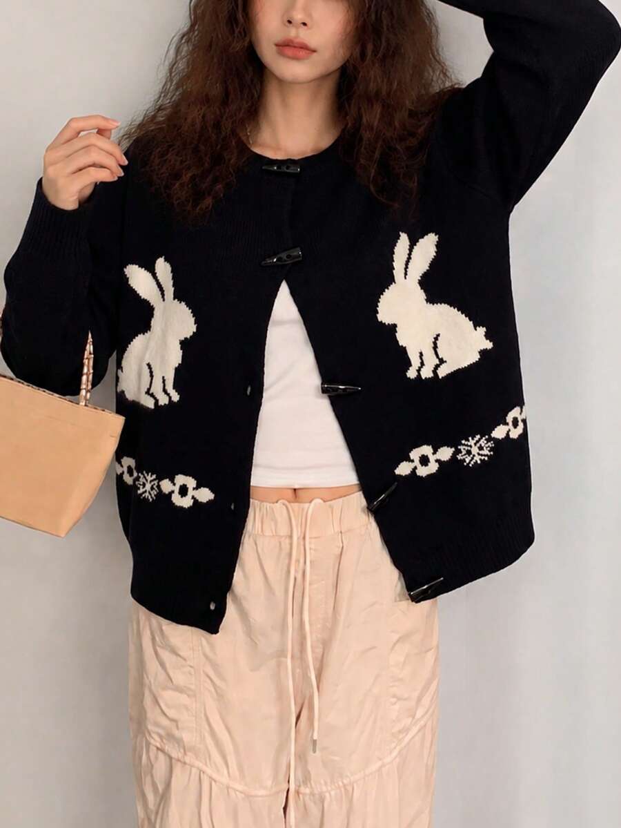 Women's Autumn/Winter Casual Cute Minimalist Fun Animal Pattern Horn Button Design Round Neck Knit Cardigan Sweater - Black - View 1