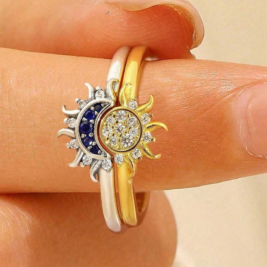 2件組奢華太陽與月亮立方鋯石可疊戴戒指套組,適合情人節、婚禮、生日派對等場合,精緻珠寶 - 日月套戒 - 查看 1