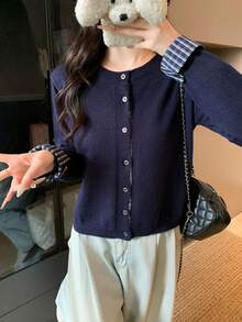 Women's Autumn/Winter Patchwork Plaid Knit Cardigan, Round Neck Long Sleeve Cardigan Top - Navy Blue - View 3