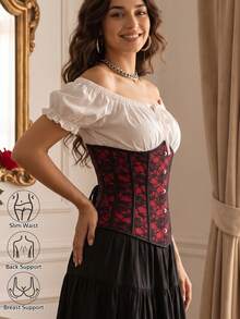 Women's Gothic Floral Lace Underbust Corset, Lace-Up Boned Waist Cincher, Suitable For Party And Renaissance Style - Red - View 4