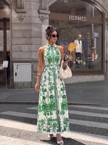 New Women's Floral & Porcelain Pattern Halter Waist A-Line Elegant Dress, Suitable For Spring & Summer - Green - View 1