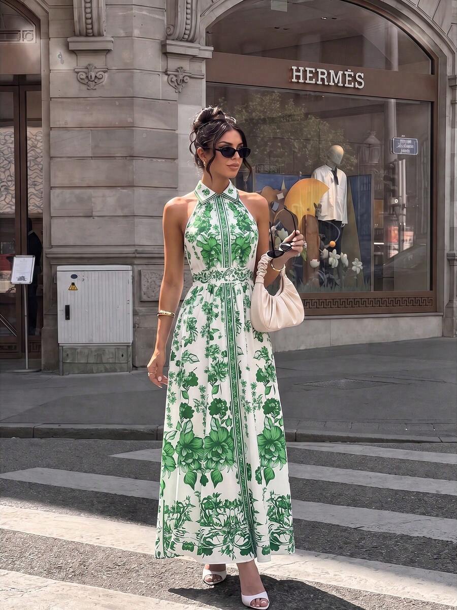 New Women's Floral & Porcelain Pattern Halter Waist A-Line Elegant Dress, Suitable For Spring & Summer - Green - View 1
