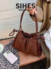 1pc Solid Color Suede Velvet New Women's Backpack, Shoulder Bag, Crossbody Bag, Fashion Large Capacity Bucket Bag, Suitable For Commuting, Shopping, Dating, Shopping - Coffee - View 9
