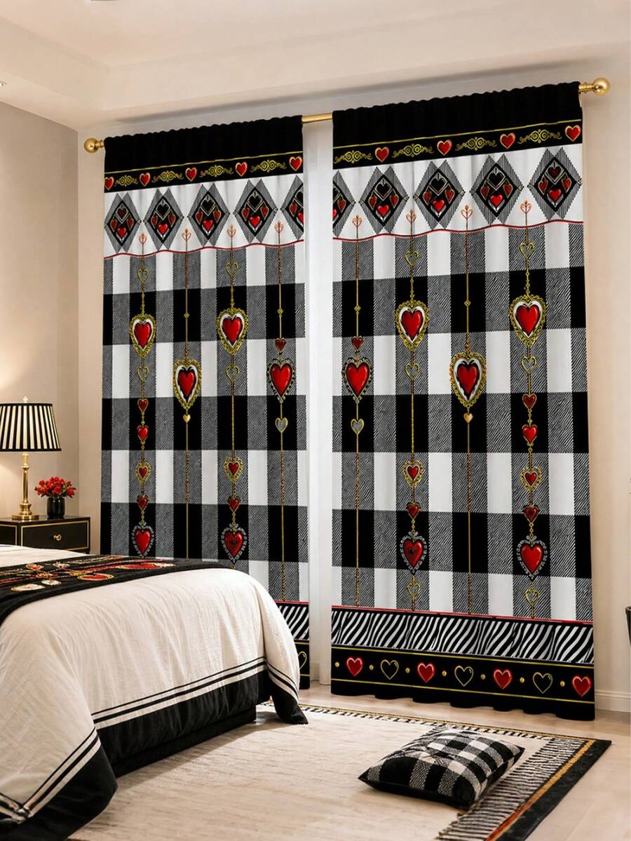 2pcs Black & White Plaid Red Heart Pattern Printed Curtains, Single-Sided Printing, Semi-Blackout - Rod Pocket Curtains, Bedroom Kitchen Living Room Decor, Multiple Sizes Available, Privacy Protection, Machine Washable, Fade-Resistant Curtains, Bedroom Kitchen Living Room Decor (Rod Not Included)