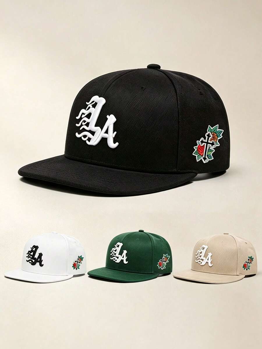 1pc Unisex Flat Brim Baseball Cap, Gothic‑Style LA Embroidery, Rose Cross Print On Side, Hard Crown, Adjustable, For Daily, Street, Party, Travel Wear