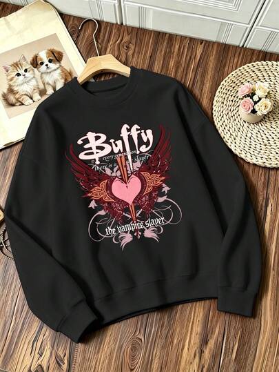 Plus-Size Women's Crew Neck Sweatshirt With Vampire Killer Print, Casual And Simple, Suitable For Autumn And Winter Wear, Women's Top.
