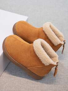 Kids Faux Suede Short Winter Boots, Fuzzy Fleece Cuff Lined Warm Snow Boots, Soft Flat Sole, For Autumn Winter Daily, Outdoor & School Wear - Camel - View 7