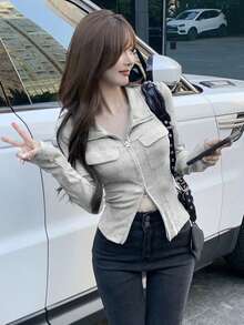 女款素色雙拉鍊羅紋口袋開襟外套式長袖T恤上衣，日常旅行款，春秋穿著 - 淺灰色 - 查看 4