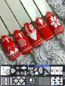 5pcs Christmas Theme Nail Art Stamping Plates, Winter Snowflake Snowman Christmas Tree Bell Gift Box Design Nail Art Templates, Reusable Stainless Steel Nail Art Tools, DIY Nail Art Printing Templates Nail Art Tools - Silver - View 5