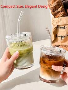 Striped Glass Cup With Straw And Lid, Unisex Portable Water Bottle, Reusable, Suitable For Home Kitchen, Indoor Office, Classroom, Dormitory, Outdoor, Christmas Halloween Birthday Gift, Back To School Beach Essential Accessory, Fit For Coffee, Tea And Juice - Multicolor - View 3