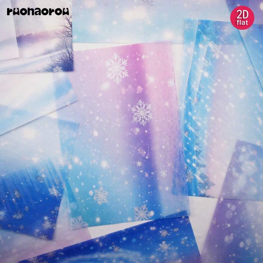 Ruonaorou 12pcs/Set Vintage Winter Snowflake Aurora Translucent Vellum Paper Junk Journal Material, Premium Aurora Snowflake Vellum Paper For Planner, Diary, Envelope, Greeting Card Decoration DIY Junk Journal (2D Flat A5) - A - View 1