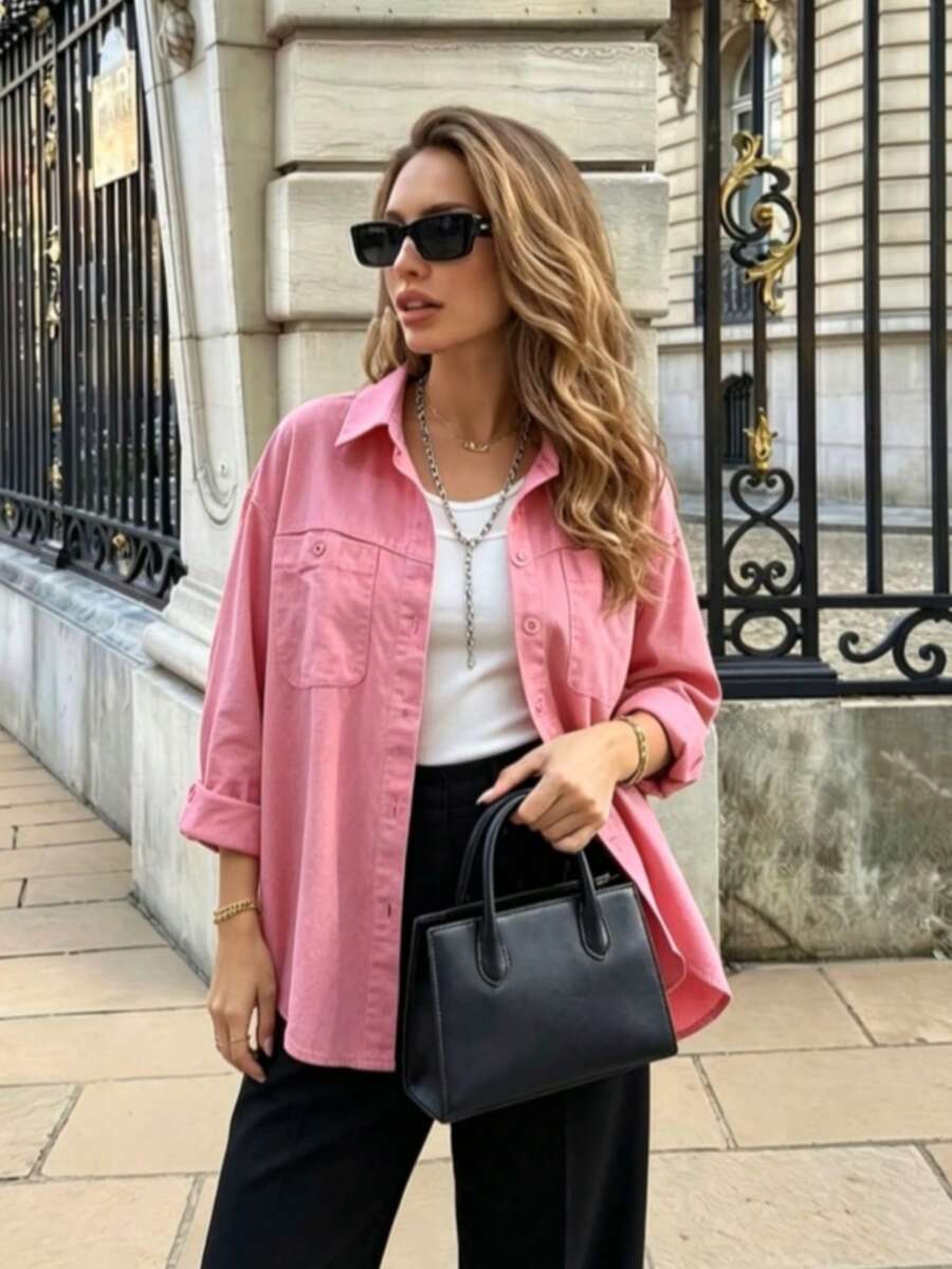 Women's Solid Color Front Button Pocket Casual Shirt - Hot Pink - View 1