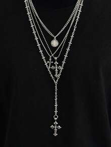 4pcs Gothic Punk Cross Pendant Necklace Set, Long Metal Chain Necklace, Can Be Worn Separately Or Layered, Men's Personalized Charm Jewelry, Holiday Gift - Antique Silver - View 1