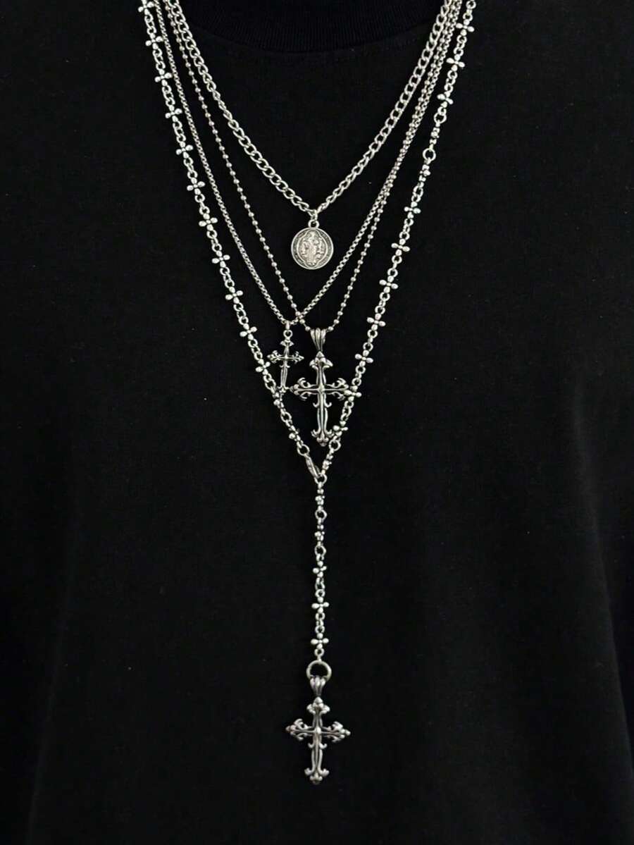 4pcs Gothic Punk Cross Pendant Necklace Set, Long Metal Chain Necklace, Can Be Worn Separately Or Layered, Men's Personalized Charm Jewelry, Holiday Gift - Antique Silver - View 1