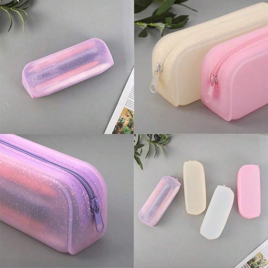 Creative Student Solid Color Rectangular Silicone Texture Glitter Pencil Case Large Capacity Office & School Stationery Storage Organizer Simple Elegant Pen Bag - Multicolor - View 1