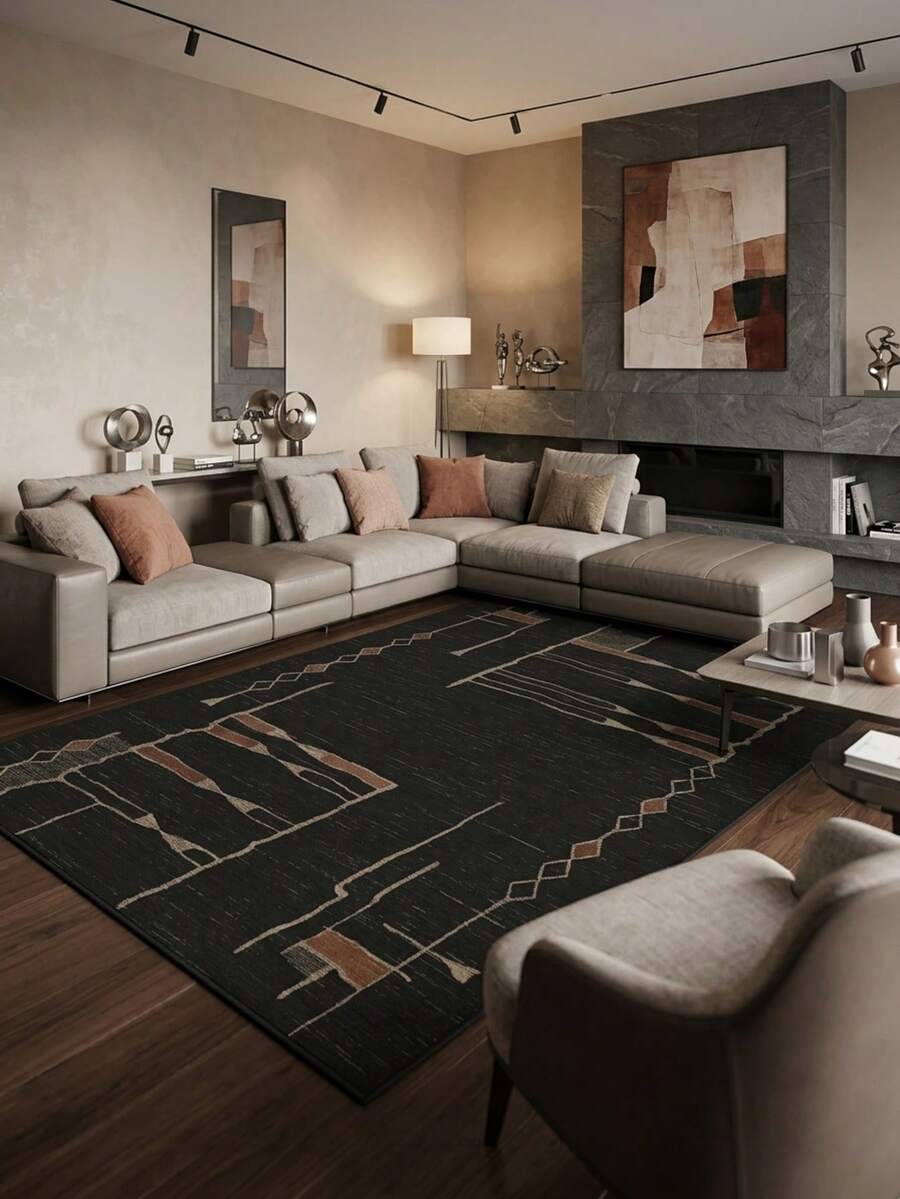 1PC Black Base Red Brown Beige Geometric Line Pattern Modern Minimalist Abstract Rug, Vintage Faux Cashmere Rectangular Area Rug With Draping Geometric Lines And Diamond Jagged Border Details, Machine Washable, Suitable For Living Room Bedroom Balcony, All Season Home Decor - Multicolor - View 1