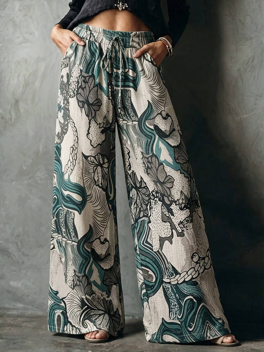 Women's All-Over Abstract Print Wide Leg Pants With Belt, Drawstring Waist, Draped Slimming Fit, Casual Versatile Trousers For Vacation, Beach, Office, Autumn Commute - Teal Blue - View 1