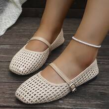 Women's Breathable Hollow Woven Single Strap Buckle Solid Color Square Toe Flat Mary Jane Shoes, Vintage Style, Daily Commute, Spring/Summer, Beige, Low Vamp - Apricot - View 4