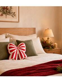 Bantal Hias Natal Berbentuk Pita Merah dengan Motif Garis-garis dan Hiasan Emas, Hadiah Dekorasi Rumah Liburan untuk Sofa, Tempat Tidur, dan Kamar Tidur - MultiWarna - View 5