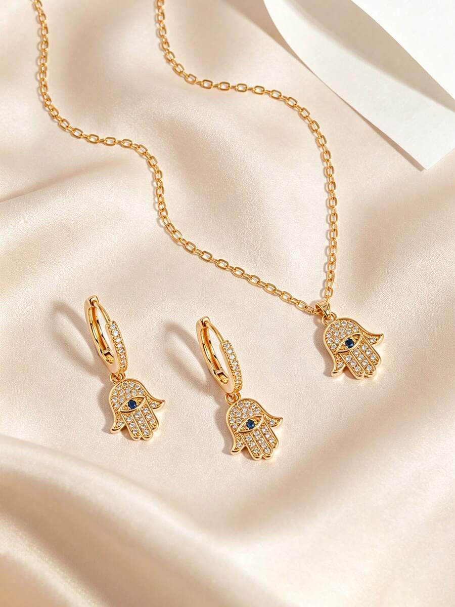 Women's "Hamsa Hand" 3 PiecesJewelry Set: Cubic Zirconia "Evil Eye" Pendant Necklace And Matching Earrings – Bohemian Style For Everyday Wear - Yellow Gold - View 1