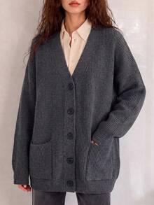 Women's Autumn/Winter Casual Minimalist Loose V-Neck Cardigan Jacket - Grey - View 4