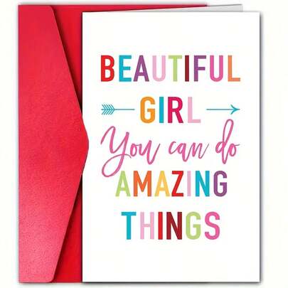 1pc Inspirational Encouragement Card With Pink Glitter Envelope - "Beautiful Girl, You Can Do Amazing Things" - Perfect For Friends, Wife, Colleagues, Classmates, Support Message | Uplifting Card Design | Novel Design Card, Inspirational Gift VFXA