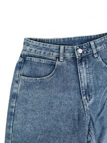 Men's Vintage Light Wash Big Pocket Wide Leg Jeans, Street Style Printed Loose Silhouette Denim Pants - Blue - View 5