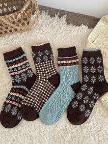 2/4 Pairs Women's New Daily Cute Vintage Japanese Style Daisy Floral 3D Geometric Striped Pattern Ruffle Mid-Calf Slouch Socks, Maillard Color - Multicolor - View 4