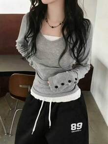 Button V-Neck Fitted Long Sleeve T-Shirt With Cinched Waist And Cold Shoulder Design, Versatile Top - Light Grey - View 1