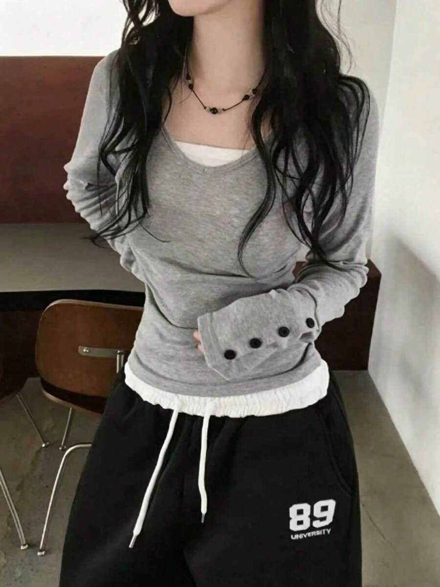 Button V-Neck Fitted Long Sleeve T-Shirt With Cinched Waist And Cold Shoulder Design, Versatile Top - Light Grey - View 1