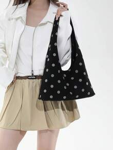 Women Hobo Shoulder Bag Polka Dot Print Canvas Fabric Simple Wide Strap Large Capacity Casual Minimalist Style For Daily Shopping Outdoor Commute - Black - View 3