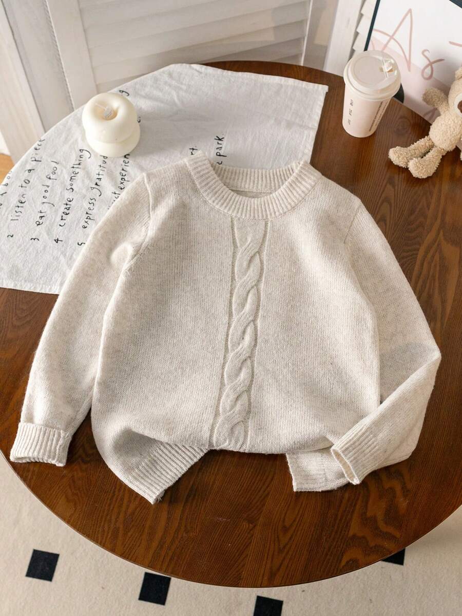 Girls' Elegant Solid Color Cable Knit Pullover Sweater, Suitable For Vacation, Party, Spring, Autumn, Winter - Apricot - View 1