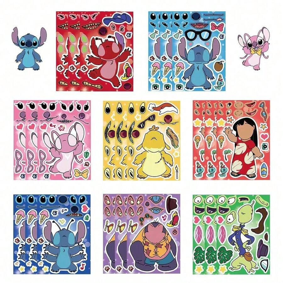 Disney 8pcs/Set Stitch Series Puzzle Stickers DIY Waterproof PVC Cartoon Decorative Stickers For Bags, Guitars, Water Bottles, Phone Cases, Laptops, Gifts, Back To School