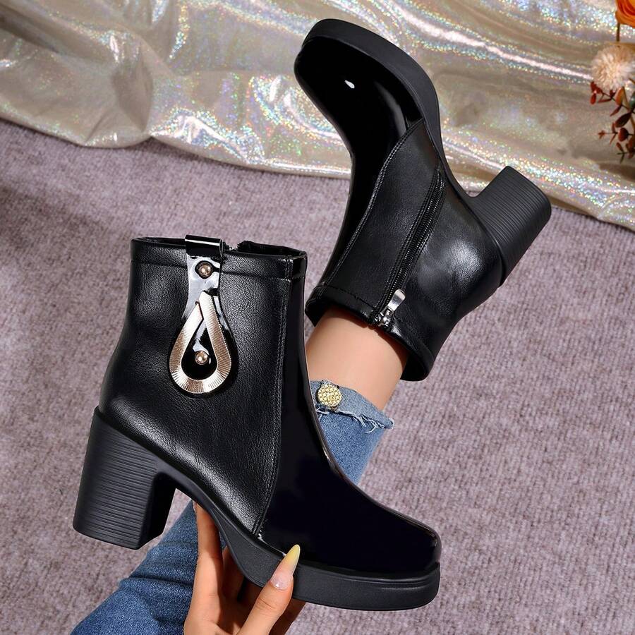 Women's Elegant Party High Heel Ankle Boots, Fashionable Chunky Heel, Versatile For Vacation And Travel