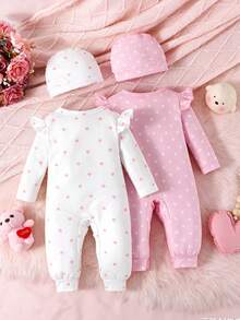 Bhchntiy 2pcs Baby Girl Autumn/Winter New Elephant, Heart And Polka Dot Print Rompers And 2pcs Bowknot Headbands - Multicolor - View 2