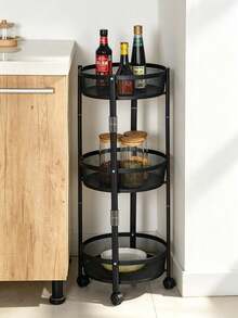1 Pc No‑Installation 3‑Tier Round Rolling Storage Rack, Foldable Metal Basket Body, Equipped With Universal Casters, Unfold And Use Right Out Of The Box, Suitable For Kitchen, Bathroom, Living Room, Bedroom And Home Sundries Storage - Black - View 5