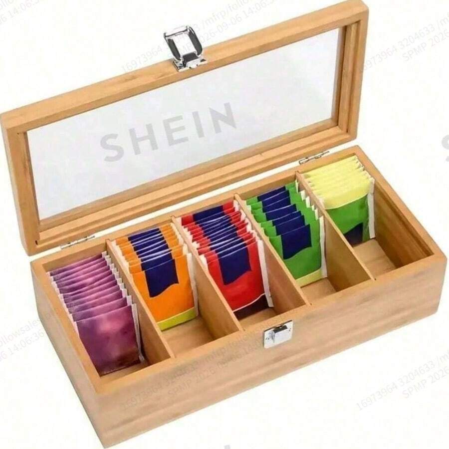 1pc Wooden Bamboo Tea Bag Storage Box With Transparent Glass Lid - Multi-Compartment Storage Box For Tea, Coffee And Office Supplies, Natural Wood Grain Finish, Colorful Tea Bag Display Rack, Perfect For Kitchen Or Office Storage, Tea Storage, Organizer Basket, Back To School Essential - Multicolor - View 1