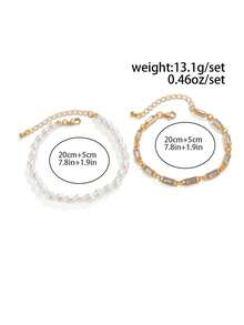 2pcs/Set French Vintage Emerald Green Square Rhinestone & Pearl Bracelet, Gold Chain Layered Hand Jewelry, Casual Daily Accessory For Back To School Season, Gift - 2pcs - View 8