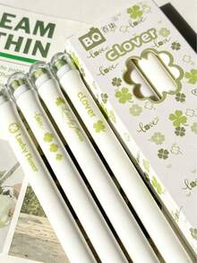 4/1pc Lucky Four-Leaf Clover Retractable Neutral Pen Black, White & Green Fresh Healing Design, Good Luck Quick-Dry Exam Pen, Fresh Style Student Office Writing Pen - Multicolor - View 3