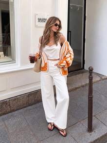 Women's Butterfly Knit Cardigan Sweater, Colorblock Pattern Buttonless Casual Autumn/Winter Top - Orange Apricot - View 2