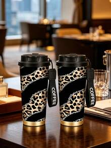 時尚保溫咖啡杯 1個 350ml，情人節不鏽鋼保溫咖啡杯，豹紋設計，附「COFFEE」字母掛繩，美觀實用，滿足日常使用需求，適合個人使用或作為禮物，節日禮物、聖誕禮物，適用於各種場合 - 彩色 - 查看 5